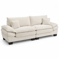Sof¨¢ de chenilla beige con cojines y patas de madera