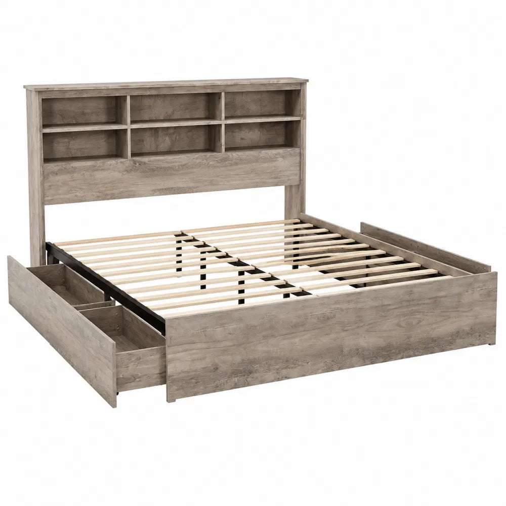 Cama doble de madera de roble con estanter¨ªa integrada 200x160 cm