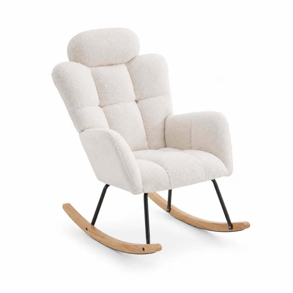 Silla mecedora de tela de felpa con patas de madera y metal