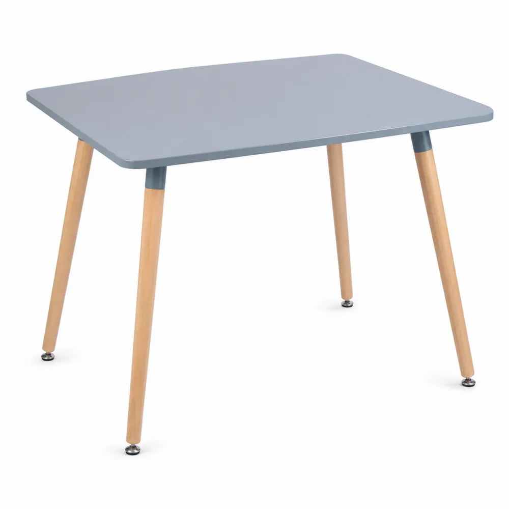 Mesa rectangular azul con patas de madera de haya
