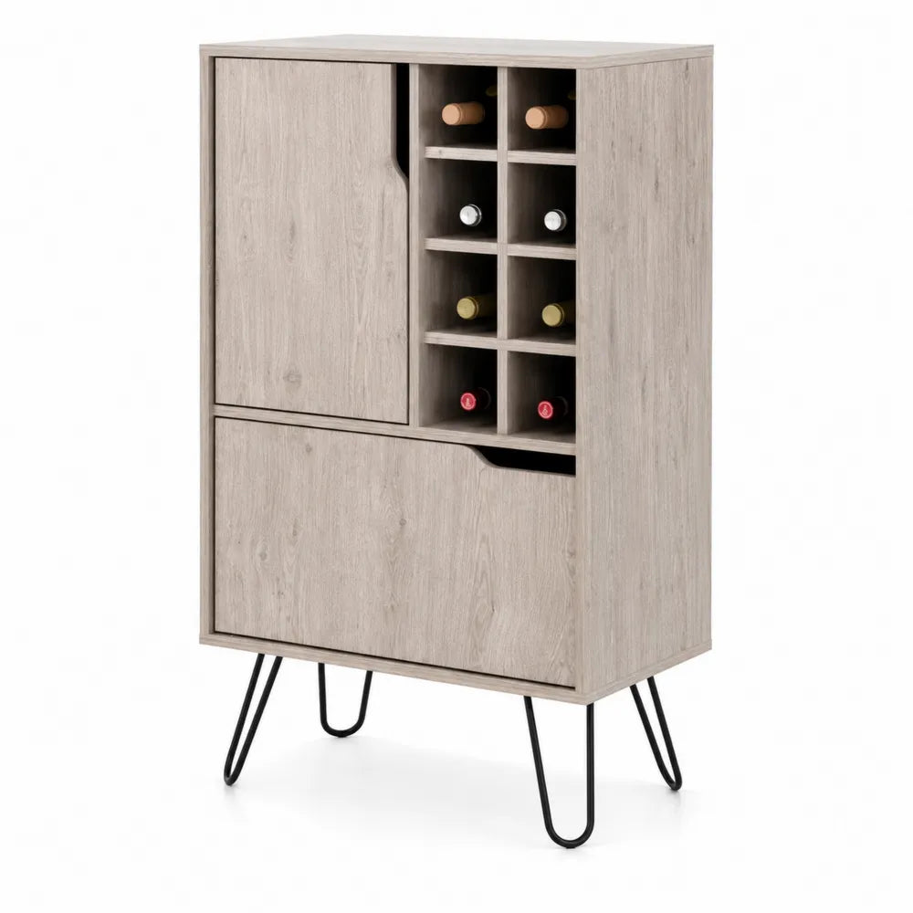 Armario de madera con compartimentos para botellas y patas de metal