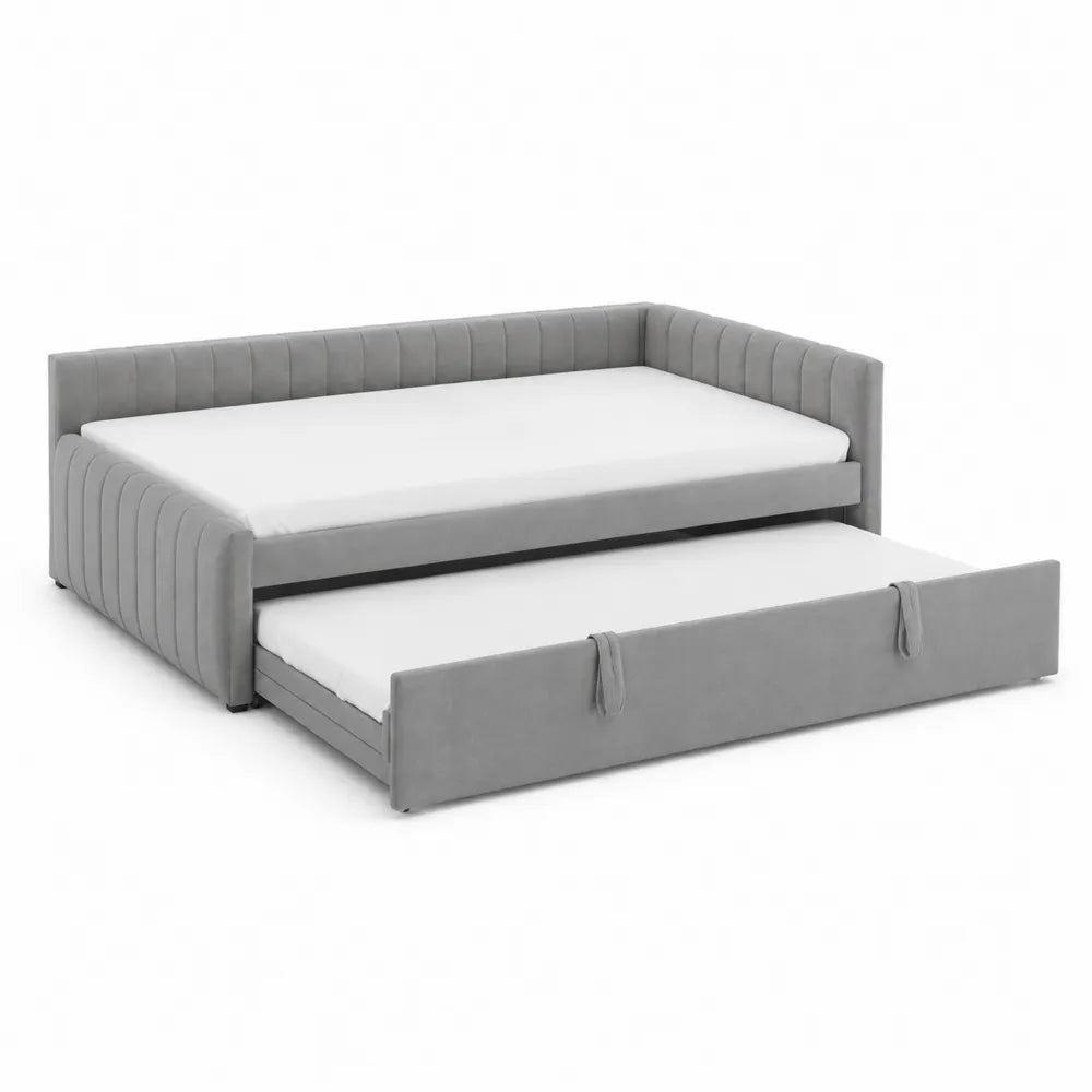 Cama nido de tela gris con colchones
