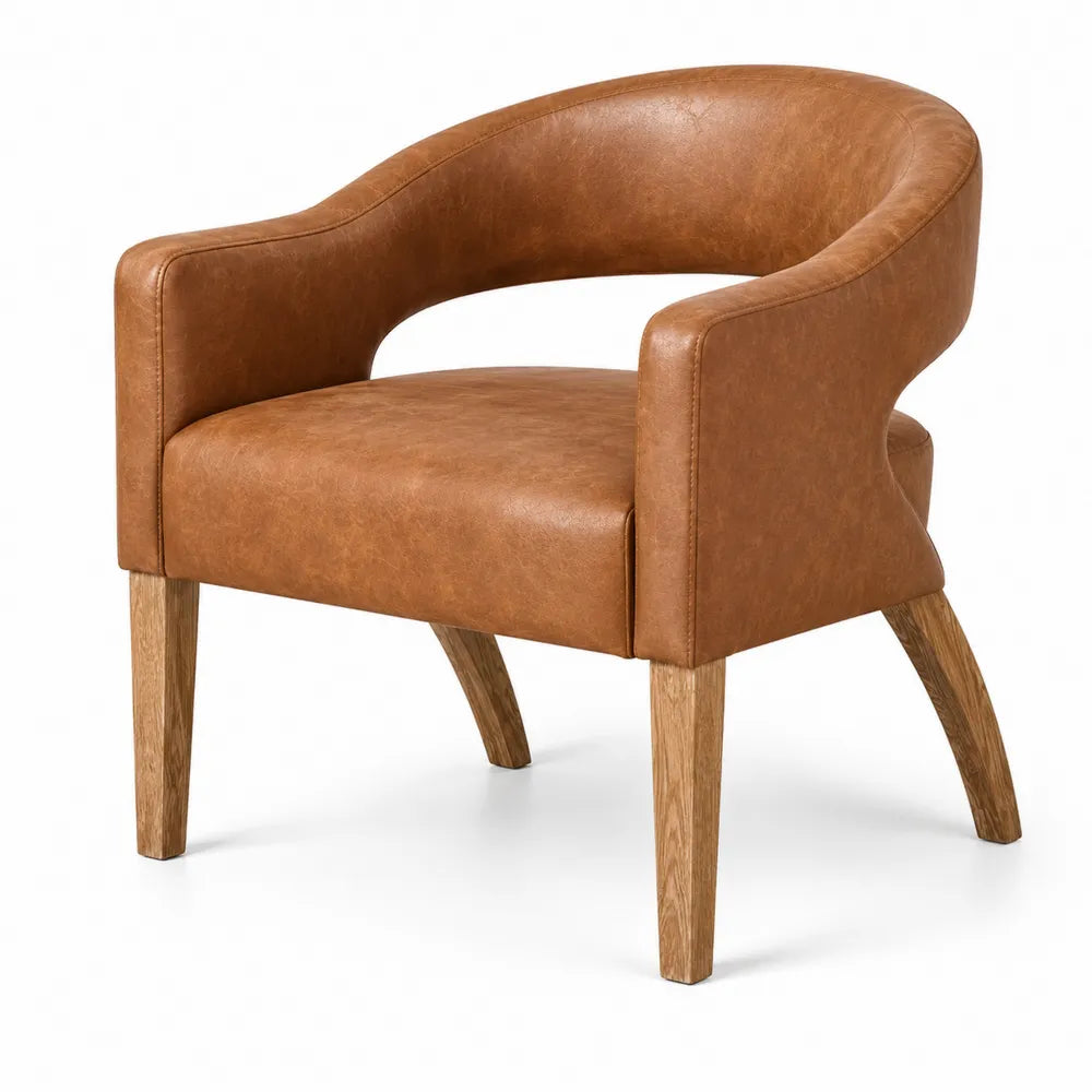 Silla de cuero sint¨¦tico marr¨®n con patas de roble