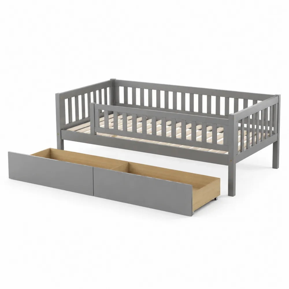 Cama de madera gris con cajones 200x90 cm